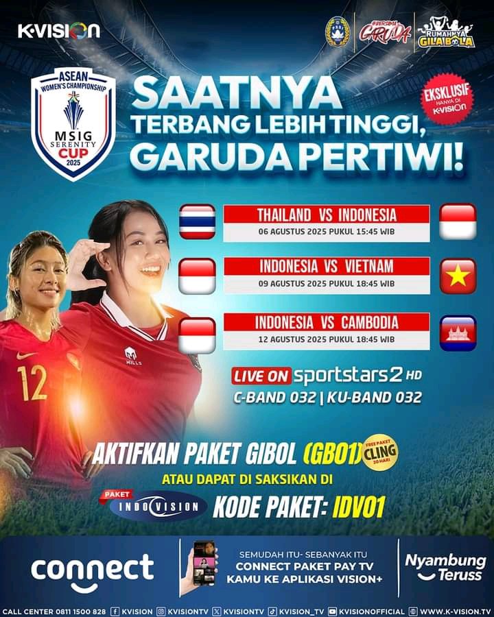 GSkymedia's tweet image. 🔥JADWAL LENGKAP ASEAN WOMEN'S CHAMPIONSHIP 2025!
📺 Tayang di Sportstars2 &amp;amp; Sportstars4 HD
🗓️ 6 – 13 Agustus 2025
✅ info wa.me/62818820753
#KVision #KVisionOnTerus #TVDigitalJamanNow #DIJAMIN #tvberlangganan #GarudaPertiwi #MSIGCup2025 #RumahnyaGilaBola #SupportTimnas