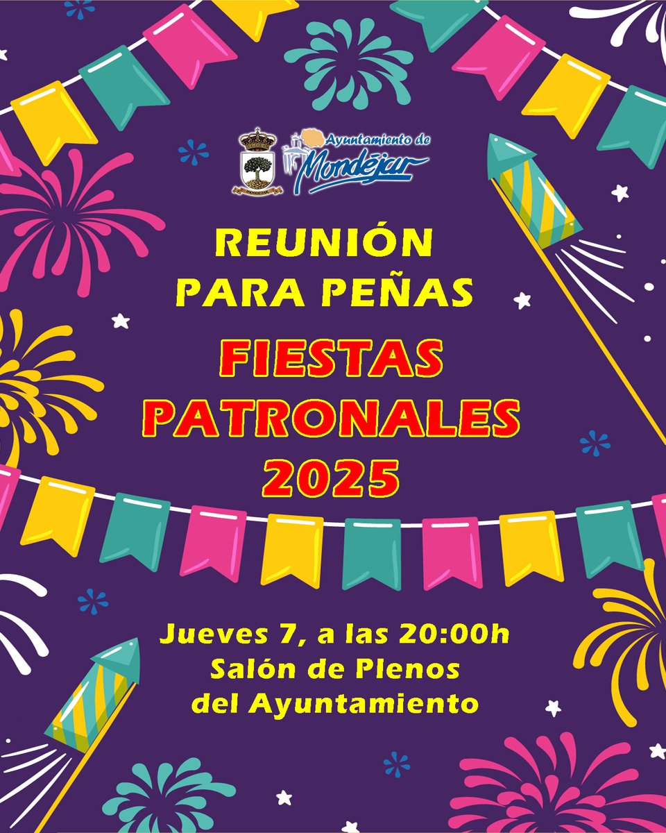 ℹ️📣 REUNIÓN DE #PEÑAS 📣ℹ️, para tratar temas de las #FIESTASPATRONALES2025 de #Mondéjar.
🗓 Jueves 7 de Agosto.
🕗 20:00h.
📍 Salón de Plenos del Ayuntamiento.