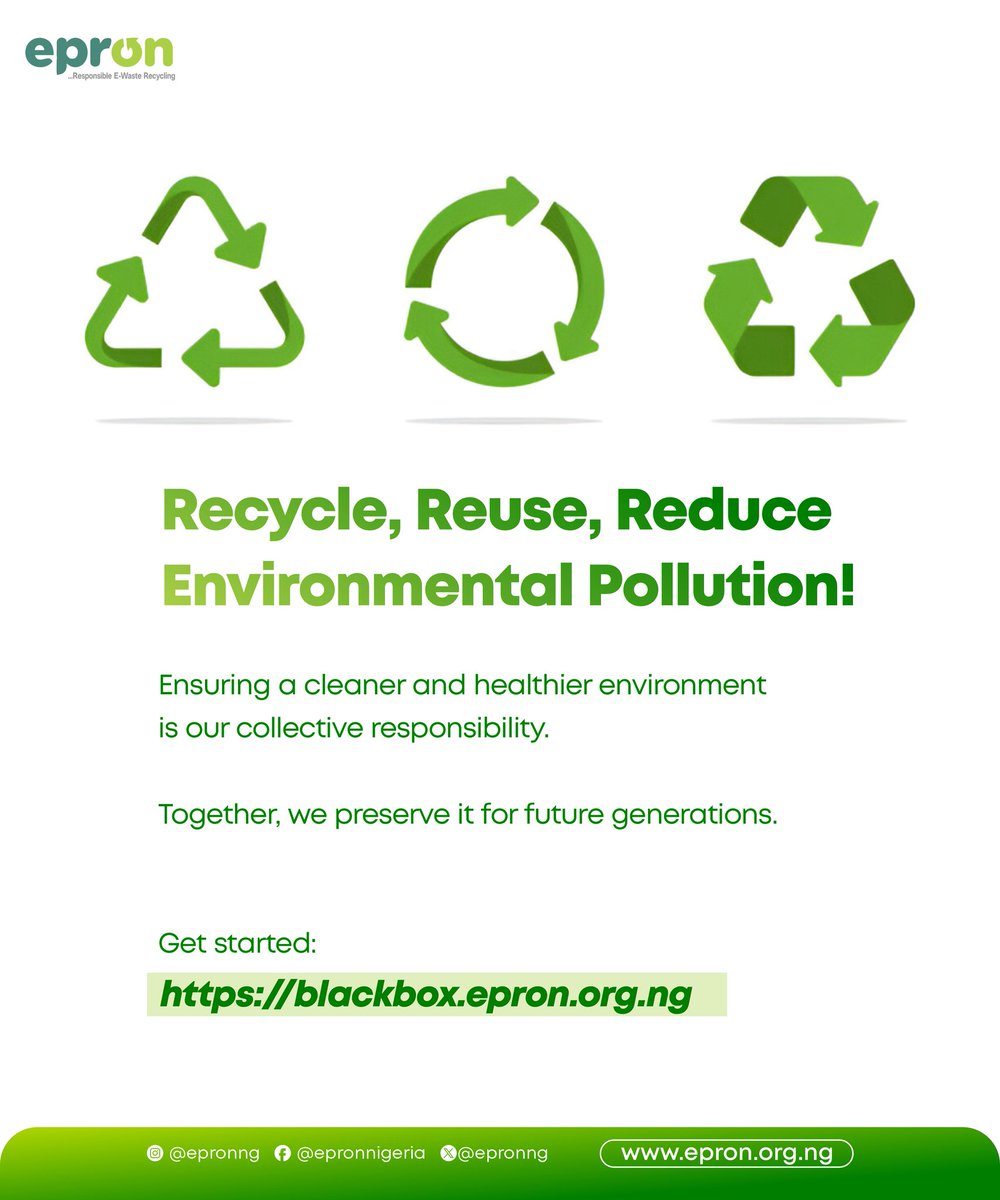 ♻️ RECYCLE. REUSE. REDUCE POLLUTION.
A cleaner, safer, and healthier Nigeria starts with you.

At EPRON, we’re not just about recycling, we’re about restoring hope to the environment.

Start today. Start small. Start smart:
👉 blackbox.epron.org.ng

#EPRON 
#Blackbox 
#EEE