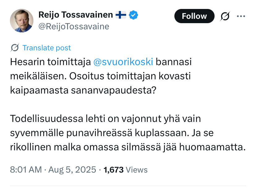 Twitter pelattu loppuun: herra Tossavainen valittamassa tultuaan bannatuksi.

Voimia ja jaksamista.