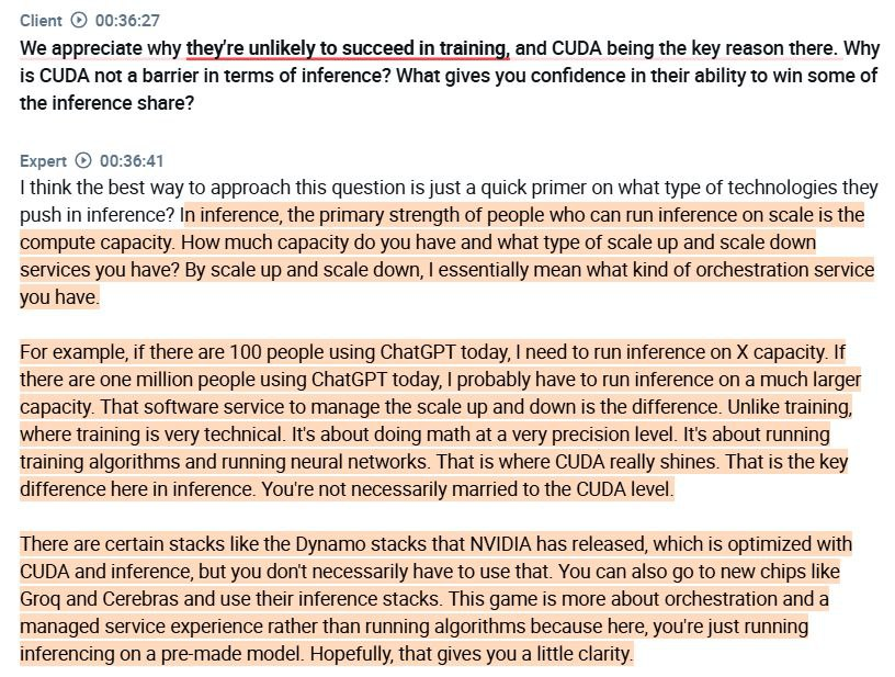 $AMD $NVDA

* MSFT 내 Azure 팀 직원, NVDA와 AMD에 대한 비교 의견

1. 현재 NVDA가 AMD보다 달러당 성능이 두배 더 높음. AMD의 하드웨어가 두 세대 뒤쳐졌다고 생각하는데, 특히 NVDA의 GB200 NVL72와 같은 상호 연결 시스템과 비교할 경우 더욱 그러함

2. AMD는 독립형 GPU로서 NVDA보다 메모리