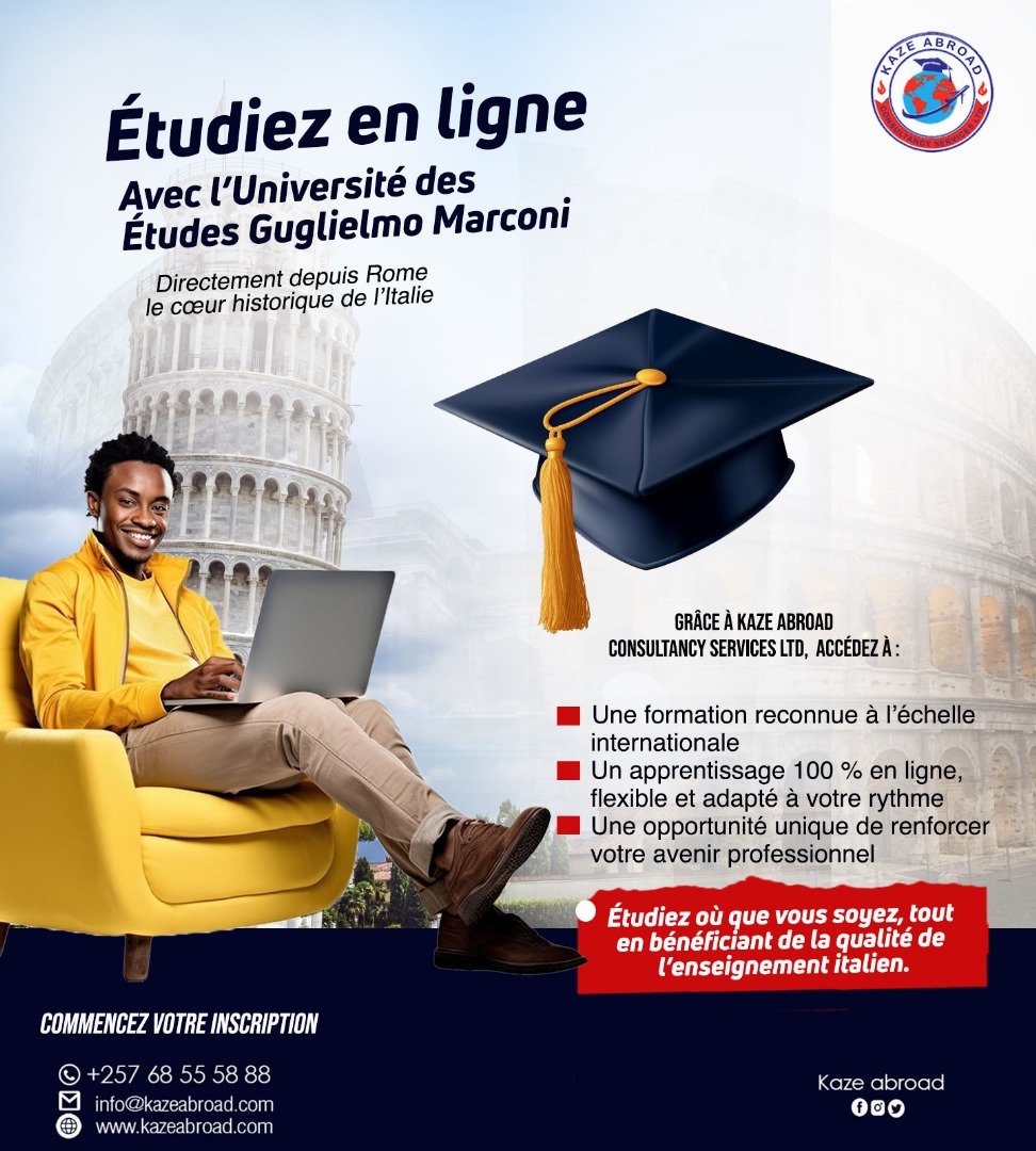 Vous rêvez d’un diplôme international, mais les visas sont un obstacle et la vie à l’étranger trop chère ?

=============

Avec nous, étudiez à l’italienne… depuis le Burundi 🇧🇮🇮🇹

🎓 Formations reconnues, sans quitter le pays.
📞 Inscriptions ouvertes  contactez-nous maintenant
