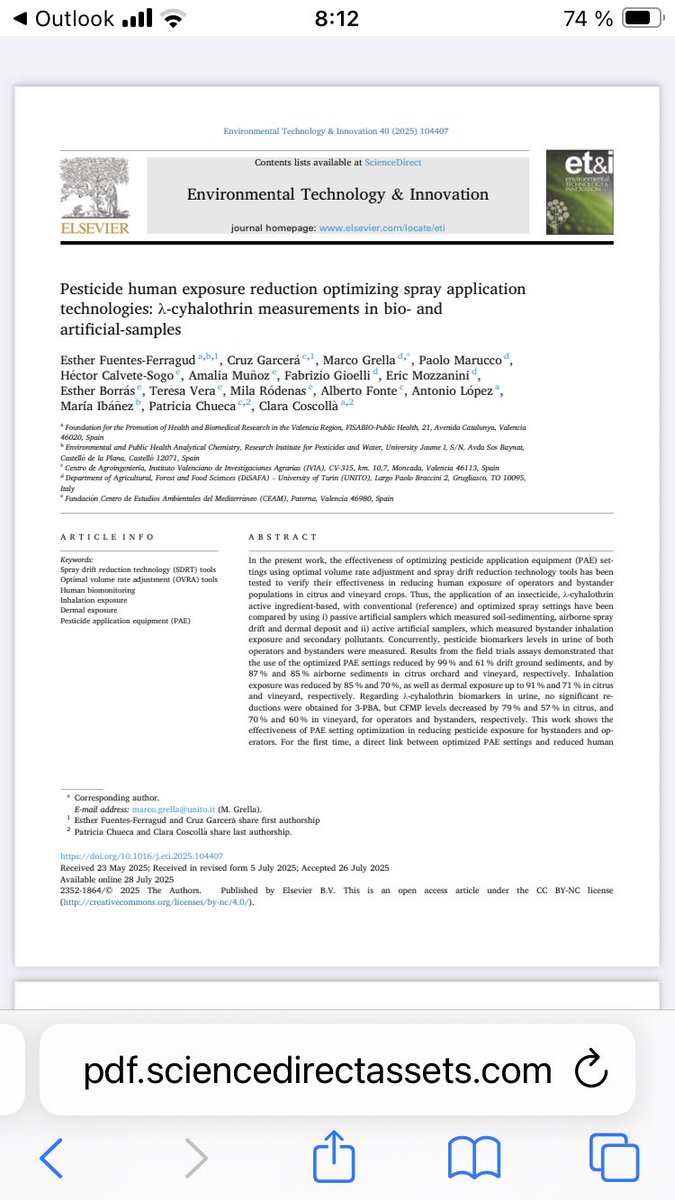 Publicamos nuestro trabajo “Pesticide human exposure reduction optimizing spray application technologies: λ-cyhalothrin measurements in bio- and artificial-samples” con <a href="/GVAfisabio/">Fundació Fisabio</a> #ceam <a href="/DISAFA_INT/">#UNITO-DISAFA_INT</a> 👀 doi.org/10.1016/j.eti.…