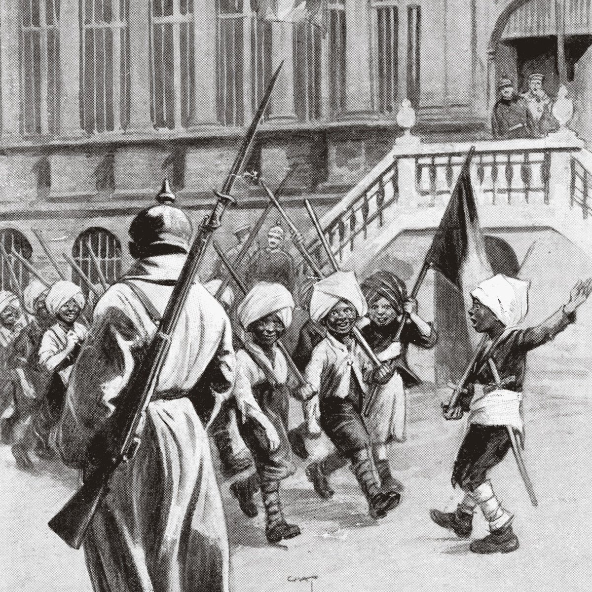 A newspaper cartoon showing Belgian kids dressed as Indian soldiers and mocking the German soldiers with the cry 
'The Indians are coming!'

1915