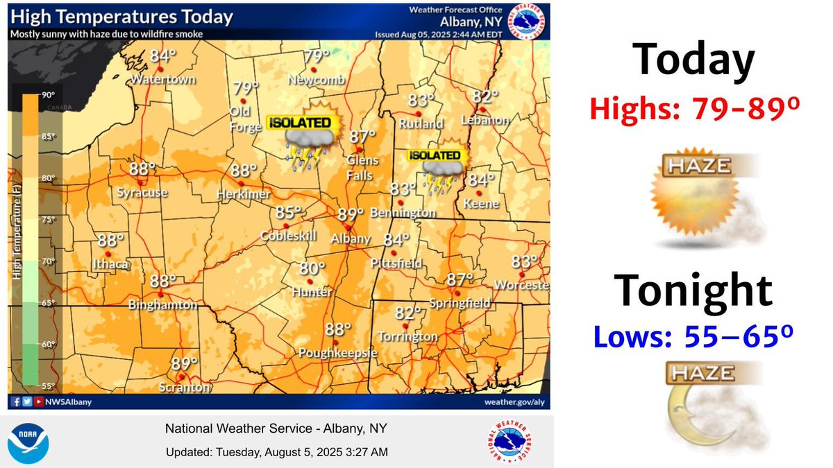 Today will be mostly sunny and warm, with hazy skies due to wildfire smoke from Canada. An isolated shower or thunderstorm is possible mainly over higher terrain areas this afternoon.