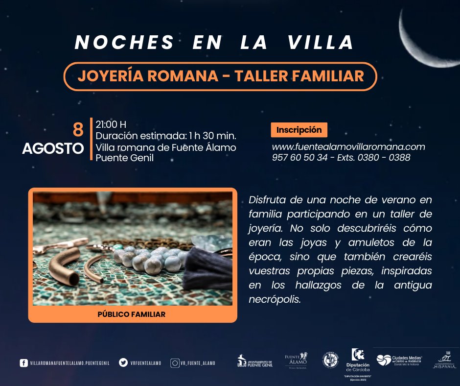 💍Joyería Romana (Taller familiar)
Descubre en familia👨‍👩‍👧cómo eran las #joyas  💎 en época romana y crea la tuya propia 📿  inspirándote en piezas halladas en la #necrópolis de <a href="/VRFuenteAlamo/">VR Fuente Álamo</a> ✨#PuenteGenil. 

📝Inscripción 👉fuentealamovillaromana.com <a href="/VisitPteGenil/">Puente Genil Turismo</a> <a href="/viveandalucia/">Vive Andalucía</a>