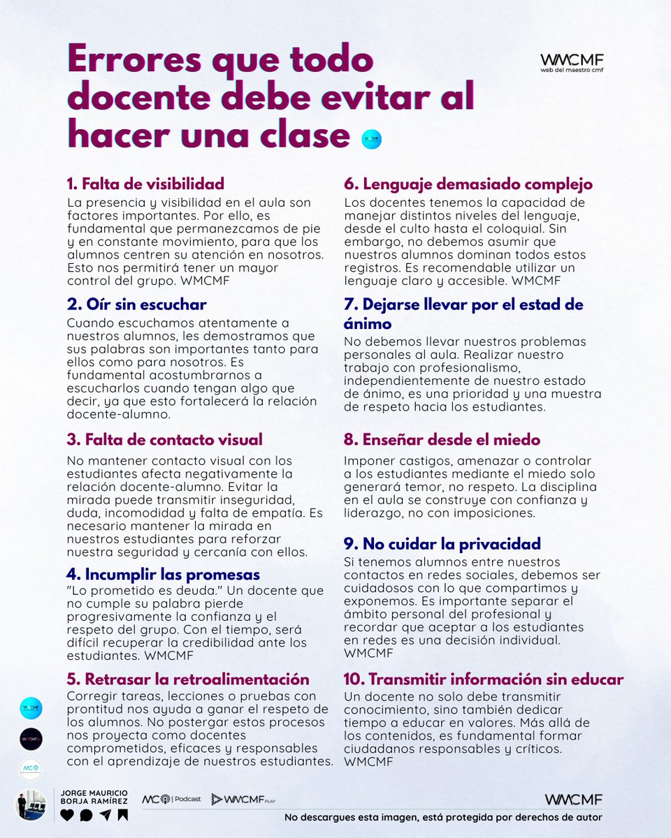 Errores que todo docente debe evitar. Enlace: webdelmaestrocmf.com/portal/errores…

¡Atención, docentes! ¿Quieres mejorar tus clases y evitar errores comunes? Descubre cómo evitar monólogos aburridos 😴, escuchar activamente a tus alumnos 👂, mantener contacto visual 👀, cumplir tus promesas