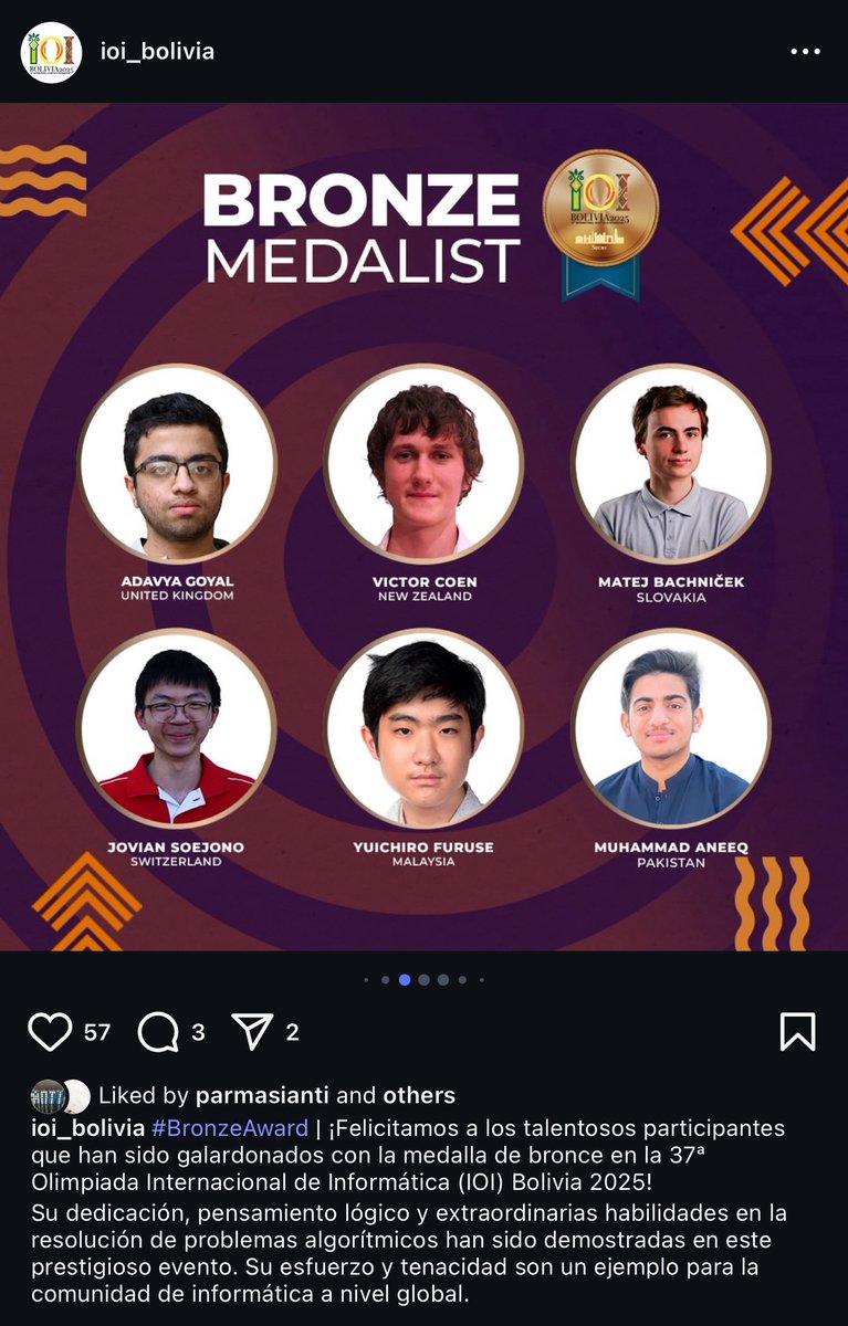 Indonesia 🇮🇩 mengirimkan 4 anak SMA ke IOI (olimpiade komputer internasional),

tapi anak-anak Indonesia 🇮🇩 mendapatkan 5 medali 🥈 🥉 🥉 🥉 🥉 

karena ada Jovian Soejono anak diaspora Indonesia di Swiss 🇨🇭 yang memenangkan medali perunggu untuk Swiss