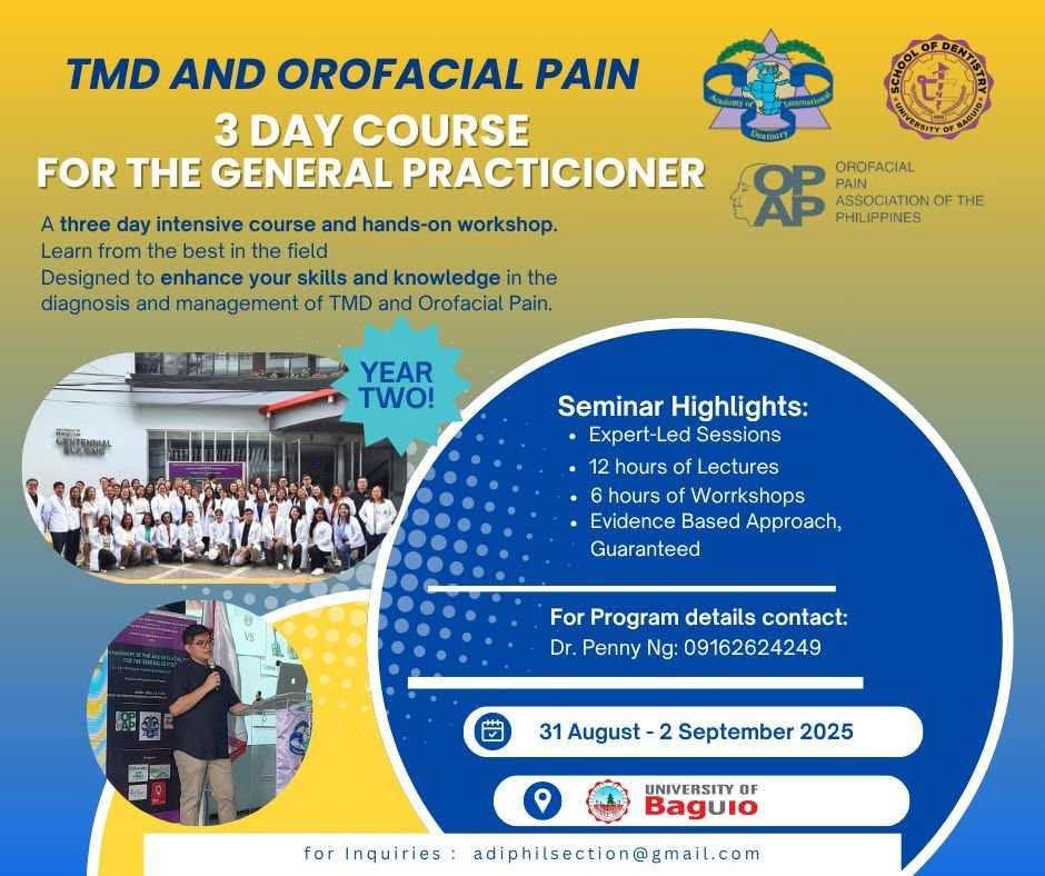 blushbite's tweet photo. It’s back!  ADI Philippines, in partnership with OPAP, proudly brings you the 3-day Intensive Course on TMD and Orofacial Pain for General Dentists — designed to equip dentIists with essential diagnostic and management skills.
📍 U of Baguio Aug31-Sept 2 #TMD #orofacialpain https://t.co/eLC6GvWSSp
