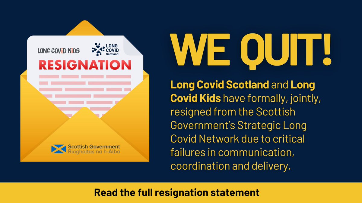 Long Covid Scotland 🏴 (@longcovidscot) on Twitter photo Long Covid Scotland and <a href="/LongCovidKids/">Long Covid Kids / longcovidkids@bsky.social</a> have jointly resigned from <a href="/scotgov/">Scottish Government</a> Strategic Long Covid Network. We do this regretfully, but out of frustration. Please read our joint statement, and share to raise awareness. <a href="/JohnSwinney/">John Swinney</a> <a href="/jenni_minto/">Jenni Minto MSP</a> <a href="/neilcgray/">Neil Gray MSP</a>
longcovid.scot/blog/formal-re… Long Covid Scotland and <a href="/LongCovidKids/">Long Covid Kids / longcovidkids@bsky.social</a> have jointly resigned from <a href="/scotgov/">Scottish Government</a> Strategic Long Covid Network. We do this regretfully, but out of frustration. Please read our joint statement, and share to raise awareness. <a href="/JohnSwinney/">John Swinney</a> <a href="/jenni_minto/">Jenni Minto MSP</a> <a href="/neilcgray/">Neil Gray MSP</a>
longcovid.scot/blog/formal-re…