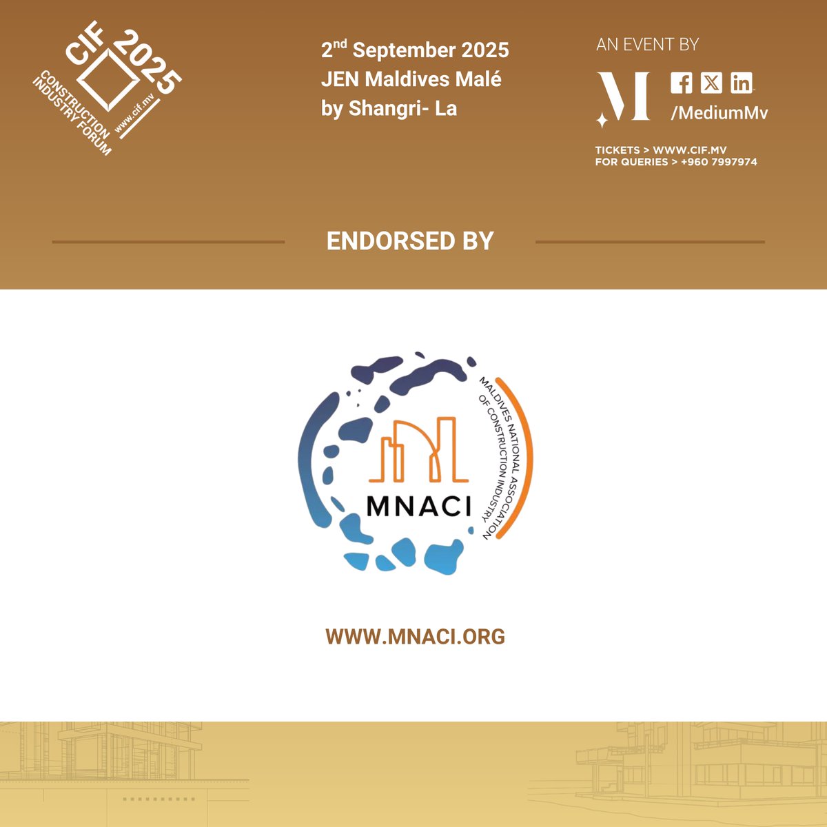Construction Industry Forum - CIF (@cifmaldives) on Twitter photo We are pleased to announce that the Construction Industry Forum 2025 is officially endorsed by <a href="/MNACI_Maldives/">MNACI MALDIVES</a>
We appreciate MNACI’s support as we continue our shared commitment to advancing innovation,, collaboration, and excellence within the Maldivian construction industry. We are pleased to announce that the Construction Industry Forum 2025 is officially endorsed by <a href="/MNACI_Maldives/">MNACI MALDIVES</a>
We appreciate MNACI’s support as we continue our shared commitment to advancing innovation,, collaboration, and excellence within the Maldivian construction industry.