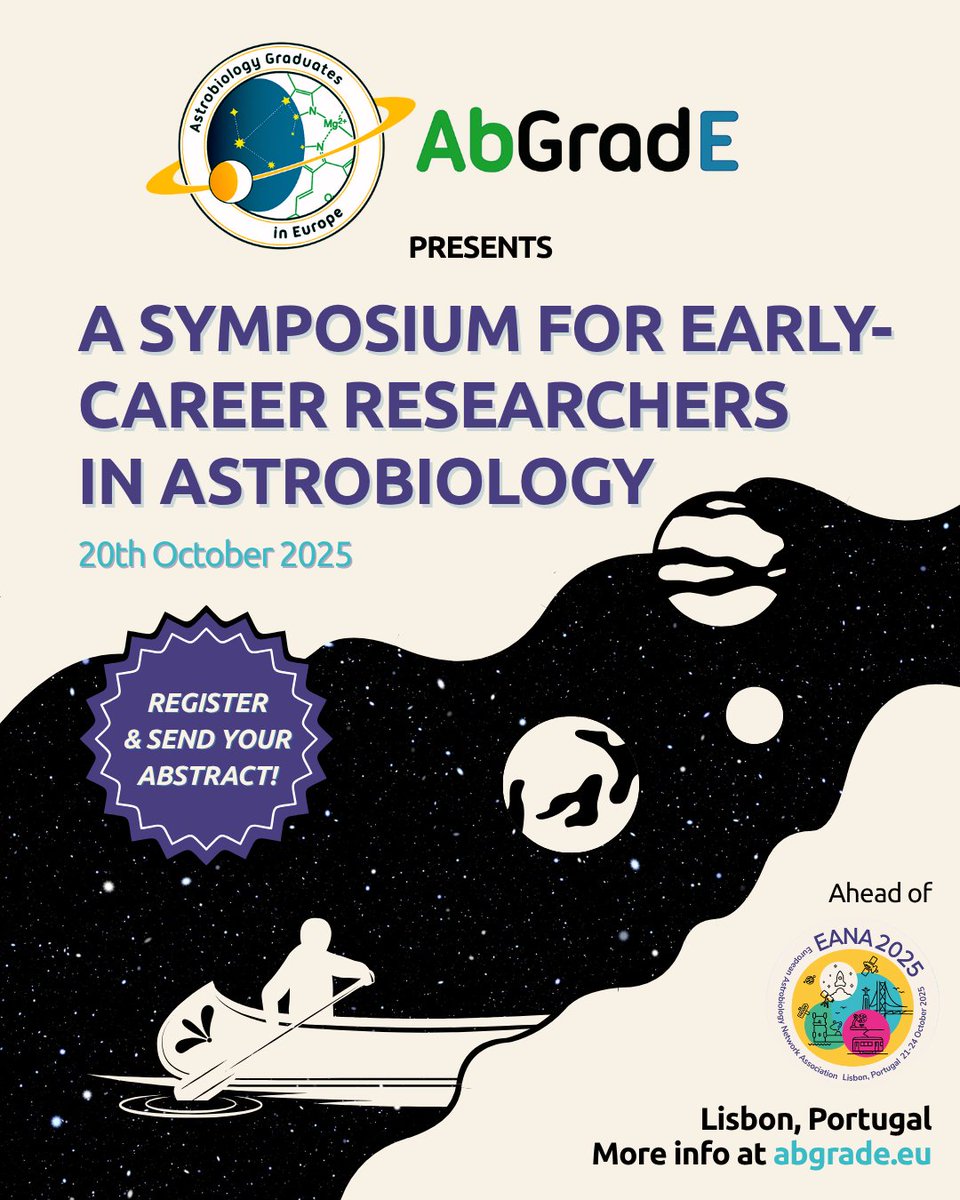 🚀 Join us in Lisbon for #AbGradE2025 on 20 Oct!

🎤 Sci talks by young researchers
🛰 ESA session: post-ISS &amp; careers
🍻 Icebreaker on 19 Oct
🎁 Just 20€ – coffee &amp; goodies!

📍 IST Lisbon
📝 Abstracts: 8 Aug | Register: 31 Aug

#AbGradE #Astrobiology #EarlyCareers #Portugal