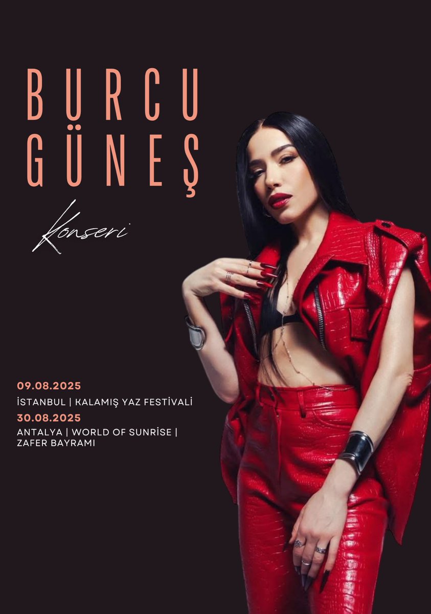 Güneş’imiz , 9 Ağustos 2025’de Kalamış Yaz Festivali, 
30 Ağustos Zafer bayramı ‘nda ise World Of Sunrise sahnesinde! 🥳🌹 

#burcugüneş <a href="/burcugunes/">Burcu Güneş</a>