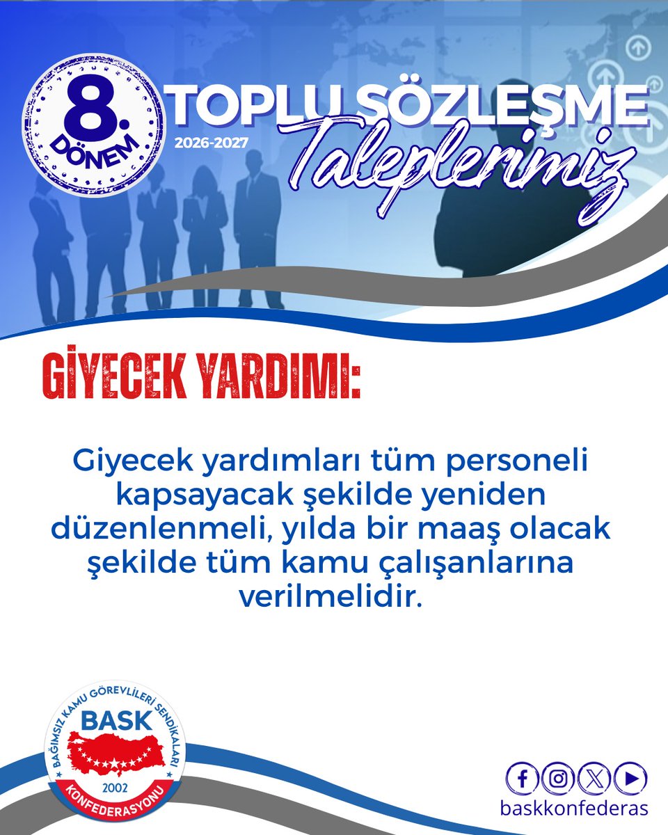 Giyecek yardımları tüm personeli kapsayacak şekilde yeniden düzenlenmeli, yılda bir maaş olacak şekilde tüm kamu çalışanlarına verilmelidir.

#TopluSözleşme
#GiyecekYardımı