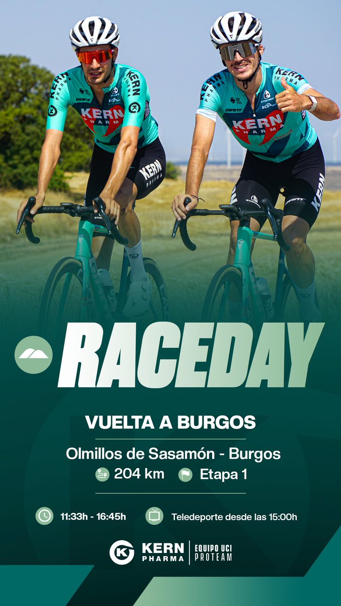 Equipo Kern Pharma (@eqkernpharma) on Twitter photo 🟢 ¡Comienza la #VueltaBurgos!
💨 Jornada de más de 200 kilómetros con riesgo de abanicos tras la ascensión al Alto de la Mazorra y el clásico final explosivo en el Castillo de Burgos
⏰ 11:33h - 16:45h
📺 <a href="/teledeporte/">Teledeporte</a> desde las 15:00h 🟢 ¡Comienza la #VueltaBurgos!
💨 Jornada de más de 200 kilómetros con riesgo de abanicos tras la ascensión al Alto de la Mazorra y el clásico final explosivo en el Castillo de Burgos
⏰ 11:33h - 16:45h
📺 <a href="/teledeporte/">Teledeporte</a> desde las 15:00h