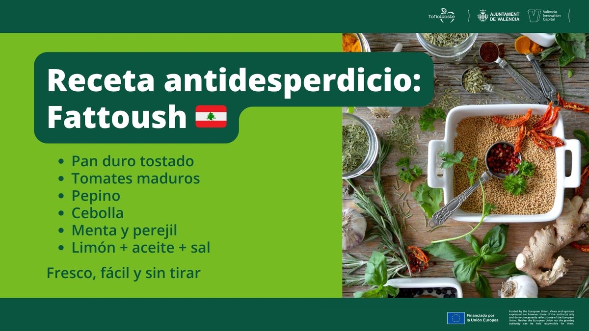 VLCILab's tweet image. PROYECTO | Aprovechar alimentos es también una forma de cuidar el #planeta 🌍.
En la tradición libanesa, el pan duro y las verduras maduras se convierten en #fattoush: una ensalada fresca, sabrosa y sin #desperdicio 🥗

#ToNoWasteproject #ZeroFoodWaste