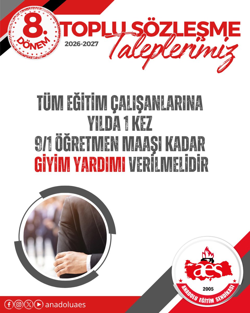 Tüm eğitim çalışanlarına yılda 1 kez 9/1 öğretmen maaşı kadar giyim yardımı verilmelidir.

#TopluSözleşme
#GiyecekYardımı