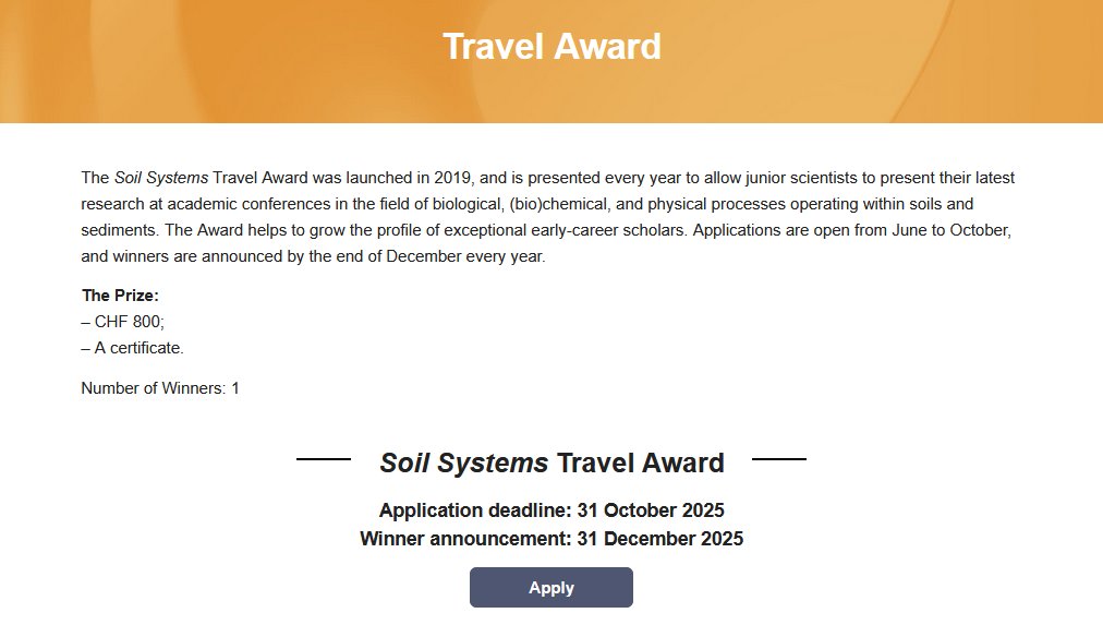 soils_mdpi's tweet image. #SoilSystems #TravelAward
We are inviting applications for a Travel Award (800 CHF) for one junior scientist to attend an international conference in the field of soil science to be held in 2026.
Apply it here: mdpi.com/journal/soilsy…