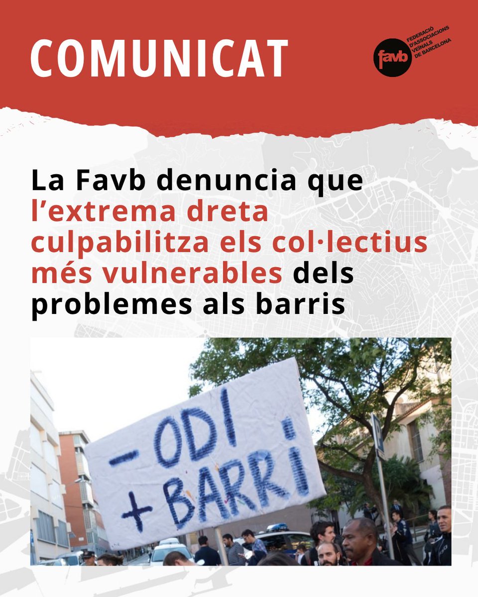 🔴 COMUNICAT |  Denunciem que algunes persones vinculades a l’extrema dreta estan difonent missatges que busquen provocar enfrontaments entre veïns i veïnes dels barris de la ciutat 👇

favb.cat/comunicat/la-f…