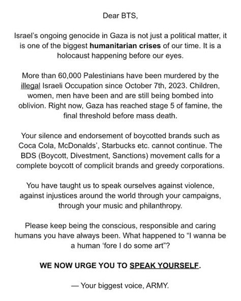 jayjaade's tweet photo. @bts_bighit There is no way y’all aren’t seeing this… 
#SpeakYourselfBTS
#HYBEDivestFromZionism https://t.co/NTZcgESR7m
