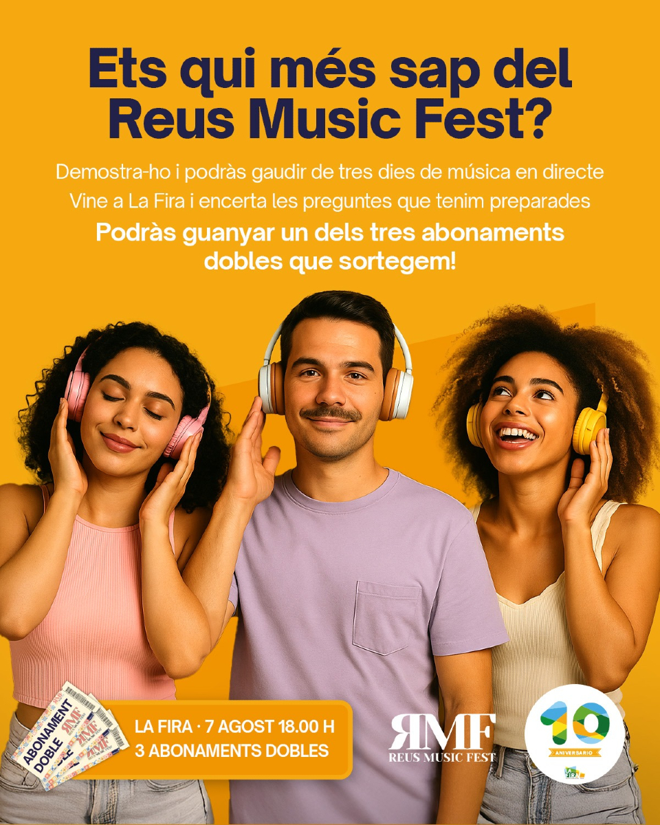 La Fira Centre Comercial Reus (@cclafira) on Twitter photo 🎶 Saps tot del Reus Music Festival?
📅 Dijous 7/8 · 18 h
📍 A La Fira CC
Participa al concurs i guanya un abonament doble! 🎤🔥 Només hauràs de contestar algunes preguntes!
Amb <a href="/thetyets/">The Tyets ☕️ CAFÈ PELS MÉS CAFETEROS</a>, <a href="/elscatarres/">ELS CATARRES 🪂 PARACAIGUDISTES</a>, <a href="/sidonie_/">@sidonie_</a>, <a href="/blaumut/">Blaumut</a>, <a href="/_triquell/">triquell</a> i més!
#ReusMusicFestival #LaFiraCC 🎶 Saps tot del Reus Music Festival?
📅 Dijous 7/8 · 18 h
📍 A La Fira CC
Participa al concurs i guanya un abonament doble! 🎤🔥 Només hauràs de contestar algunes preguntes!
Amb <a href="/thetyets/">The Tyets ☕️ CAFÈ PELS MÉS CAFETEROS</a>, <a href="/elscatarres/">ELS CATARRES 🪂 PARACAIGUDISTES</a>, <a href="/sidonie_/">@sidonie_</a>, <a href="/blaumut/">Blaumut</a>, <a href="/_triquell/">triquell</a> i més!
#ReusMusicFestival #LaFiraCC