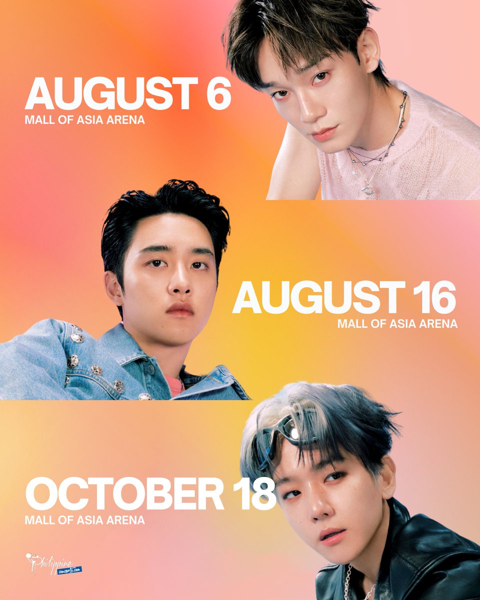 philconcerts's tweet image. Celebrating EXO-L DAY with a reminder of the upcoming shows of CHEN, D.O, and BAEKHYUN in Manila this year!

CHEN at the KOSTCON 2025
📅 August 6
📍MOA Arena
🎫smtickets.com/events/view/14…

2025 DOH KYUNG SOO ASIA CONCERT TOUR &amp;lt;DO it!&amp;gt;
📅 August 16
📍MOA Arena…