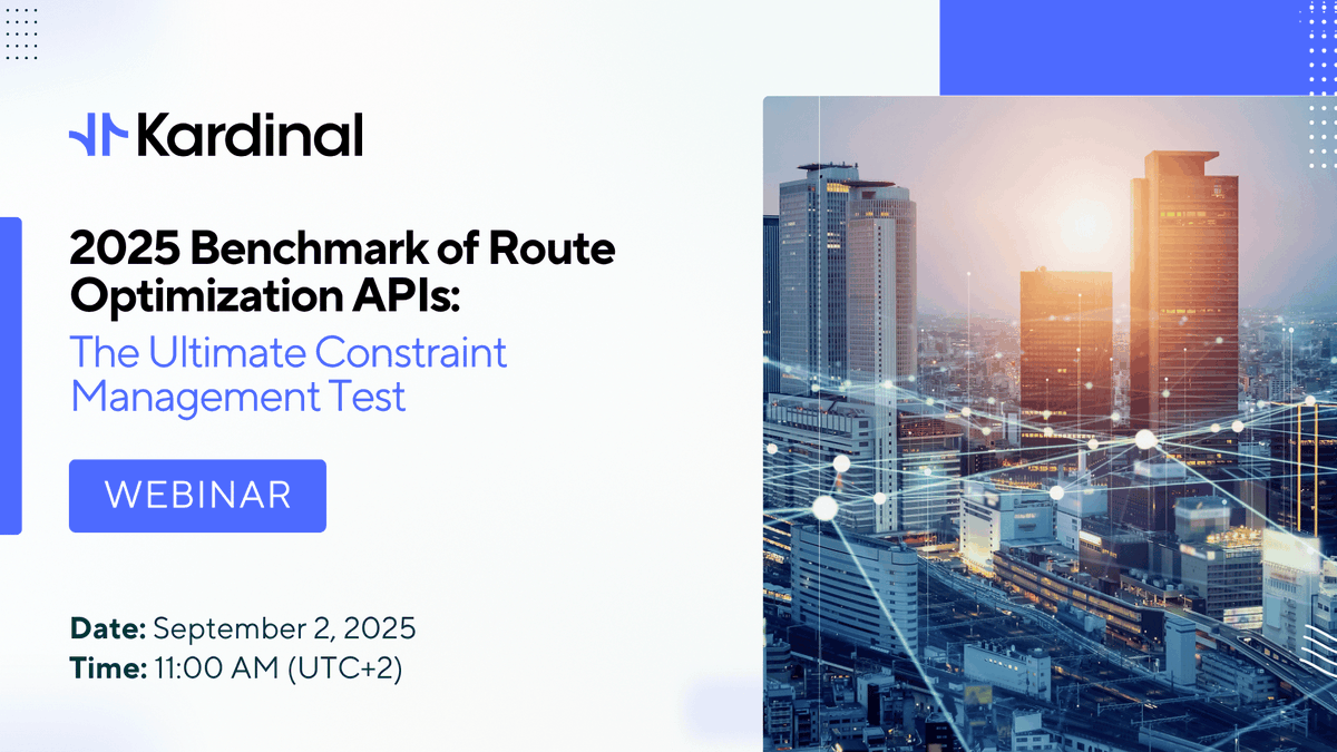 🚨 Exclusive Webinar – 2025 Benchmark of Route Optimization APIs 🚨
We conducted an independent benchmark of 8 APIs, based on 64 constraints drawn from real-life use cases, to assess their ability to handle real operational complexity.
Join the webinar  👇
app.livestorm.co/kardinal-ai/20…
