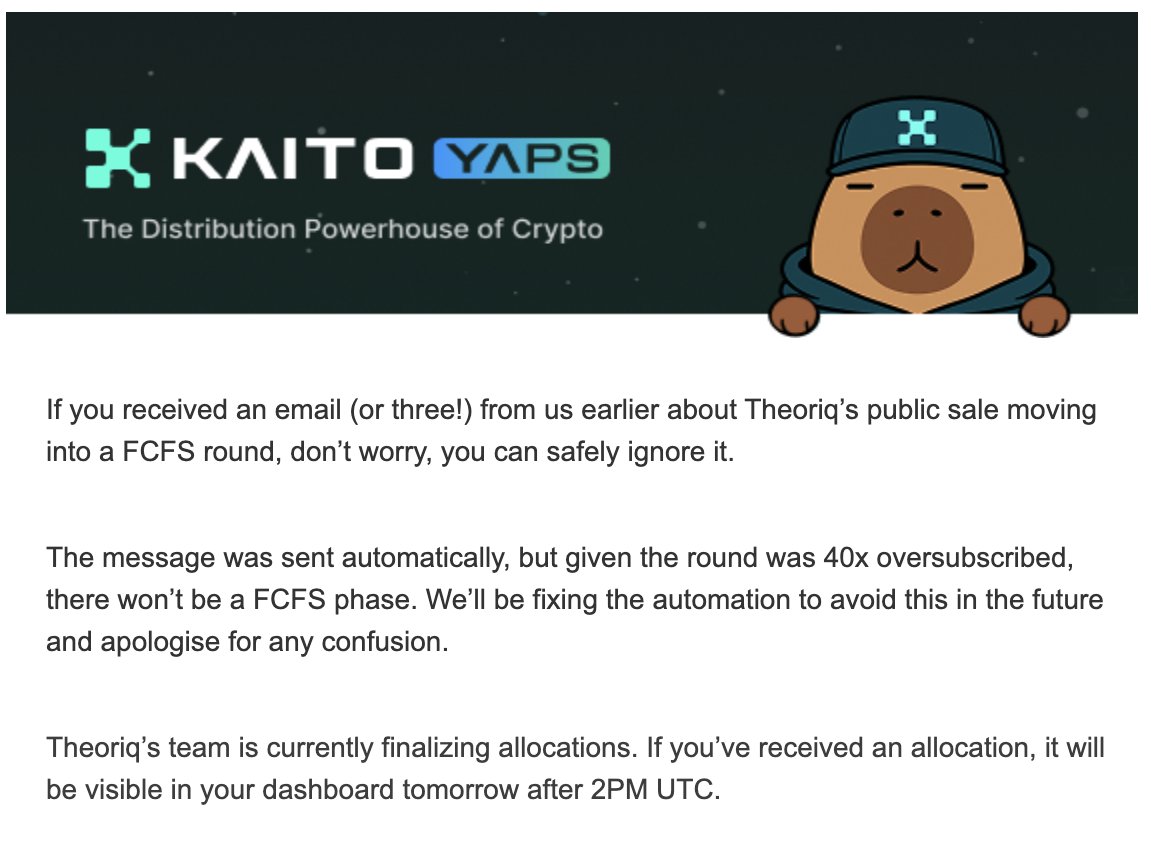 TheoriqのトークンセールはFCFSラウンドが無くなり、今日の23時に割り当てがKaito AIで確認できるらしい👀

<a href="/TheoriqAI/">Theoriq</a> <a href="/KaitoAI/">Kaito AI 🌊</a>