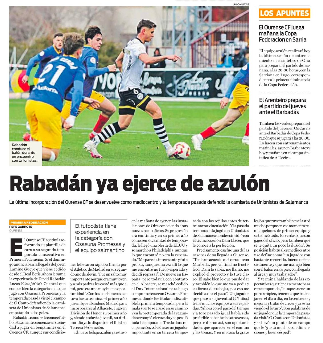 🗞️ David Rabadán ya ejerce de azulón. 
La última incorporación del Ourense CF se desenvuelve como mediocentro y la temporada pasada defendió la camiseta de Unionistas de Salamanca.  laregion.es/deporte-local/… vía @laregion