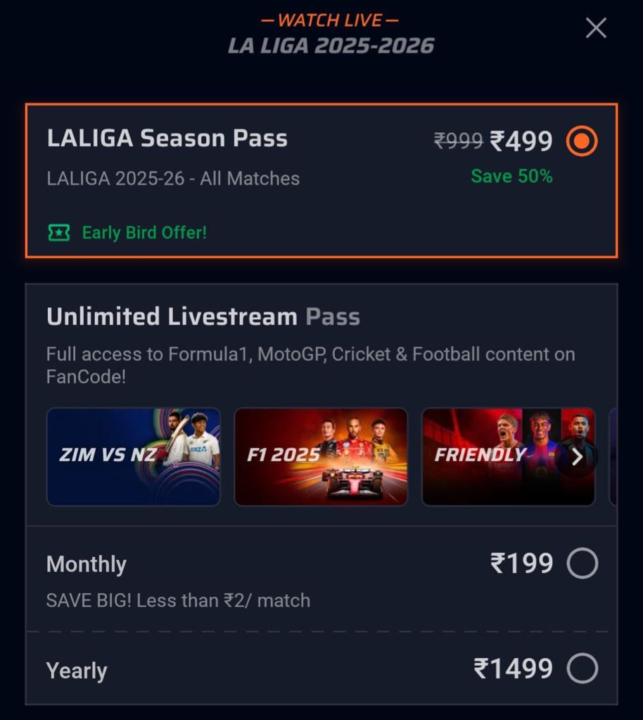 Hey Indian La Liga Fans 👋🇮🇳
Wondering where to watch the La Liga action live? 

Just like the final five games of last season, *FANCODE* is back to stream every LaLiga match live for fans in India! 🇮🇳⚽

And here’s the best part:
After some discussion with the FANCODE team they