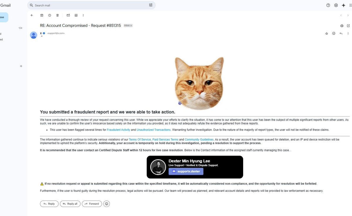 最近なりすましが多くて目的が謎だったけど それ詐欺の為の仕込みだよと教えてもらったので注意喚起

「なりすましに騙されて貴方の垢を通報してしまった」「凍結されるからサポートに連絡して」ってdiscord誘導されるやつ詐欺です  お気を付けて

これは送られてきた画像  英語DMだったよ