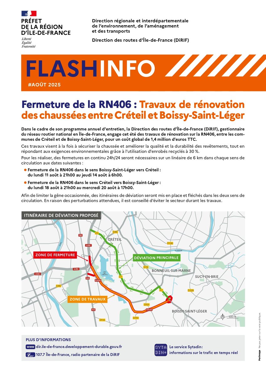 Ville d'Alfortville (@alfortville_94) on Twitter photo đ§ Travaux sur la RN406 : fermetures Ă  prĂ©voir en aoĂ»t đ
La Direction des routes dâĂle-de-France (DiRIF) engage des travaux de rĂ©novation sur la RN406, entre CrĂ©teil et Boissy-Saint-LĂ©ger. Objectif : sĂ©curiser la chaussĂ©e et amĂ©liorer la durabilitĂ© des revĂȘtements avec des đ§ Travaux sur la RN406 : fermetures Ă  prĂ©voir en aoĂ»t đ
La Direction des routes dâĂle-de-France (DiRIF) engage des travaux de rĂ©novation sur la RN406, entre CrĂ©teil et Boissy-Saint-LĂ©ger. Objectif : sĂ©curiser la chaussĂ©e et amĂ©liorer la durabilitĂ© des revĂȘtements avec des