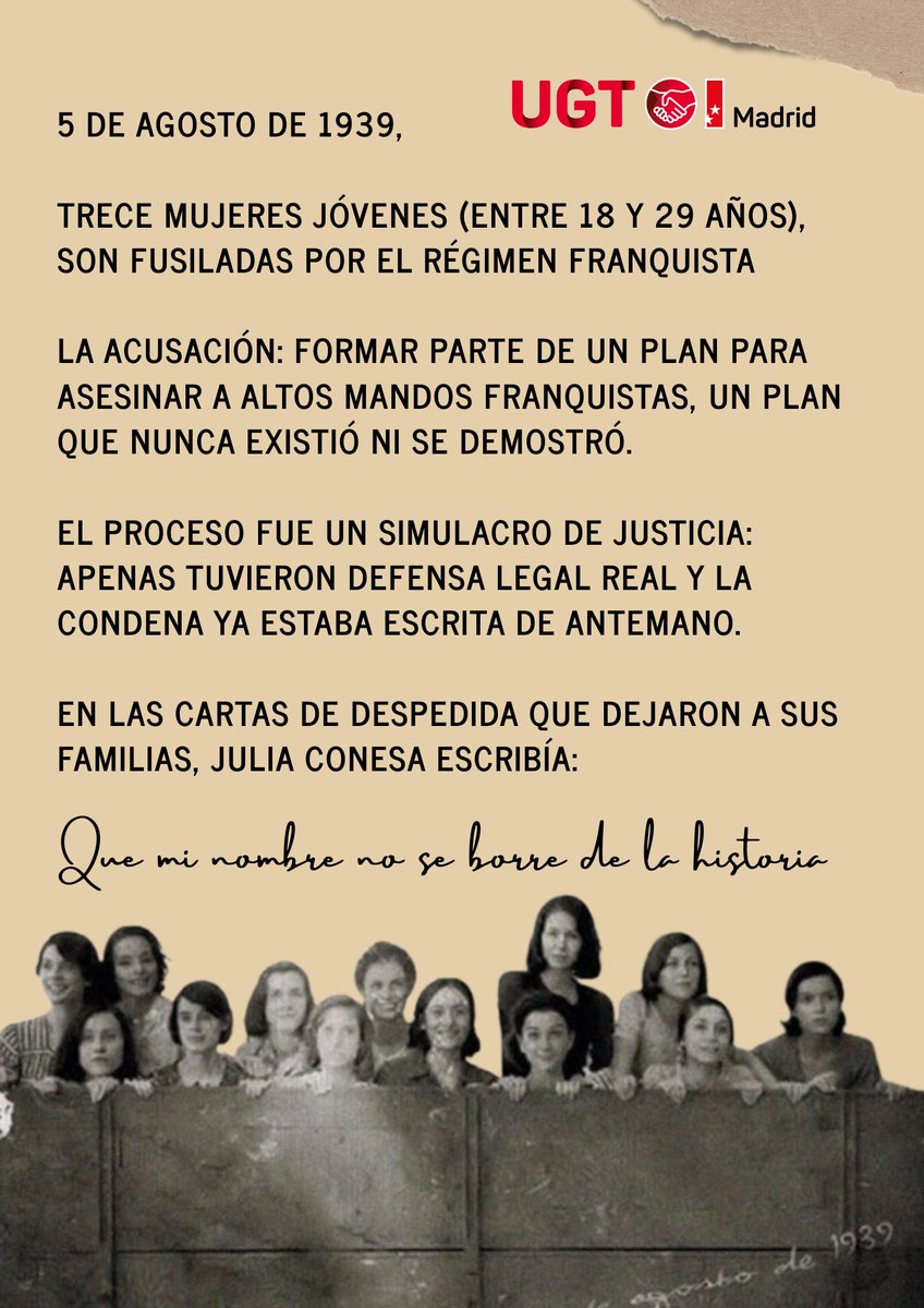 🌹 Hoy se cumplen 86 años del fusilamiento de #LasTreceRosas 

Fueron asesinadas para silenciar a los vivos, sin un juicio justo ni defensa posible. Las ejecutaron con total impunidad, por ser libres y no tener miedo.

“Que mi nombre no se borre de la historia”
#MemoriaHistórica