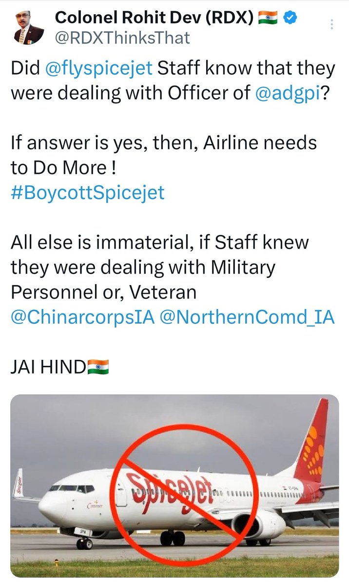 Colonel Rohit Dev (RDX) 🇮🇳 (@rdxthinksthat) on Twitter photo Don't Care who hit whom
Don't Care who said what
Don't Care who broke news
Don't Care who posted what
Only concern is that <a href="/flyspicejet/">SpiceJet</a> Staff knew that passenger was an <a href="/adgpi/">ADG PI - INDIAN ARMY</a> Officer and they harassed, humiliated and assaulted him
That's were the matter centres
<a href="/ChinarcorpsIA/">Chinar Corps🍁 - Indian Army</a> Don't Care who hit whom
Don't Care who said what
Don't Care who broke news
Don't Care who posted what
Only concern is that <a href="/flyspicejet/">SpiceJet</a> Staff knew that passenger was an <a href="/adgpi/">ADG PI - INDIAN ARMY</a> Officer and they harassed, humiliated and assaulted him
That's were the matter centres
<a href="/ChinarcorpsIA/">Chinar Corps🍁 - Indian Army</a>