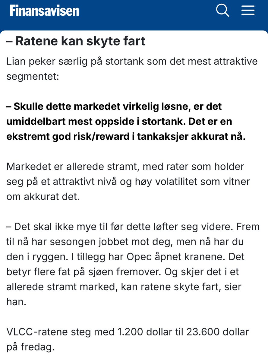 Winter this year?🤑⚓️

Lian particularly highlights VLCCs as the most attractive segment:

“If this market really takes off, the biggest upside is in large tankers. Right now, tanker stocks offer an extremely strong risk/reward profile.”