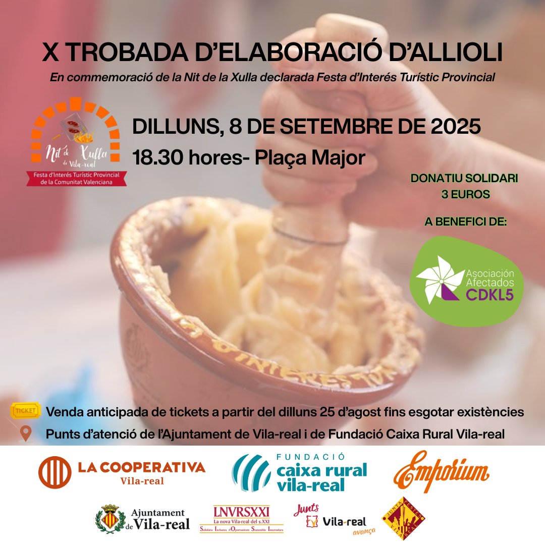 📣 El 8 de setembre arriba la X Trobada d’elaboració d’allioli! 🧄🔥

🎟️ Tiquets: a partir del 25 d’agost
❗ Màxim 2 per persona (pots tornar a passar)
💰 Donatiu: 3 € (per al CDKL5 ❤️)
⚠️ 750 tiquets! 
📍Atenció: Ajuntament i Fundació Caixa Rural 

T'esperem!