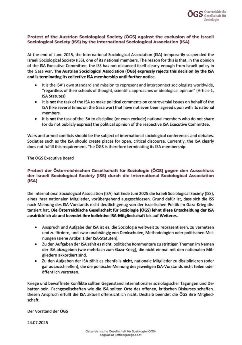 The International Sociological Association has temporarily suspended Israel’s national body. 

The Austrian chapter terminated its membership in protest