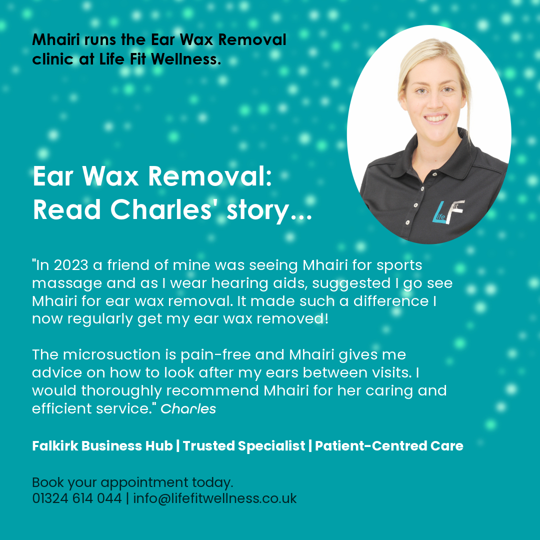 EAR WAX REMOVAL can make a big difference to your quality of hearing!

Read how one patient has benefited from Mhairi's Ear Wax removal service.

If you would like any further information, visit our website: ow.ly/3EcV50VTN6A

#IamLifeFit #LifeFitWellness #EarWaxRemoval