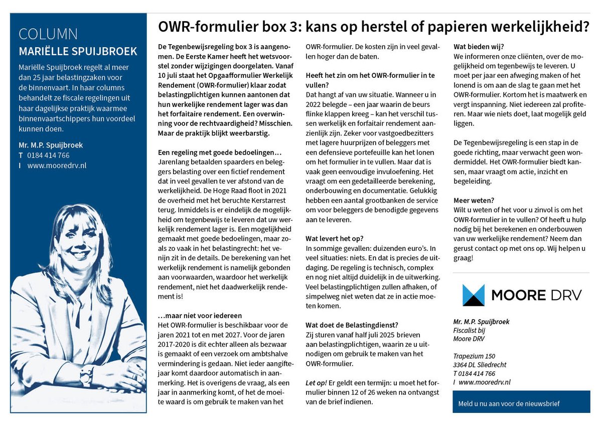 Mariëlle Spuijbroek regelt al meer dan 25 jaar belastingzaken voor de binnenvaart. In haar columns behandelt ze fiscale regelingen uit haar dagelijkse praktijk waarmee binnenvaartschippers hun voordeel doen.