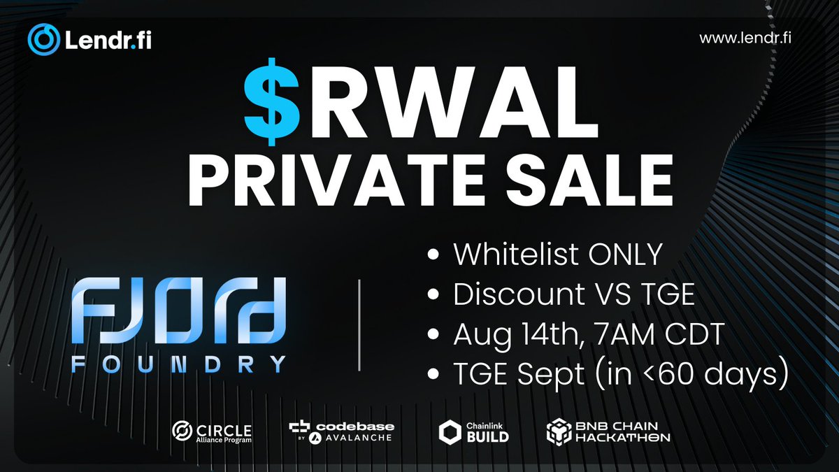 Lendr.fi (We're Hiring!) (@lendrfi) on Twitter photo 🚀@LendrFi's Private KOL & Community Round launches Aug 14th on <a href="/FjordFoundry/">Fjord Foundry</a>!
- Whitelist-only: complete quests to earn your spot.
- TGE in < 60 days: this is the FINAL private round before the public IDO. Don't miss out. #RWA
lendr.fi/rwal-presale/ 🚀@LendrFi's Private KOL & Community Round launches Aug 14th on <a href="/FjordFoundry/">Fjord Foundry</a>!
- Whitelist-only: complete quests to earn your spot.
- TGE in < 60 days: this is the FINAL private round before the public IDO. Don't miss out. #RWA
lendr.fi/rwal-presale/