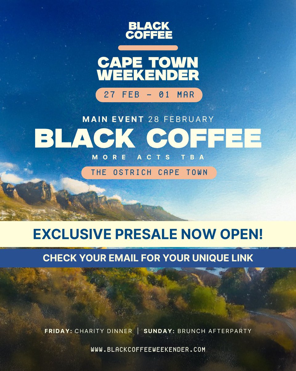 EXCLUSIVE PRESALE NOW OPEN‼️

Presale for BCW26 is officially open, and if you signed up, you’re first in line!🙌🏾

Check your inbox for your unique link and secure your place before anyone else.📩

Cape Town. The Ostrich. The return.
Let’s do it again, together!🫡