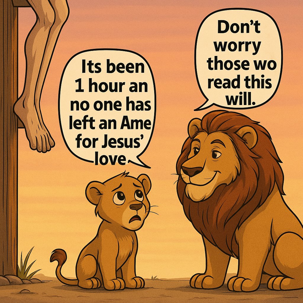 🦁 "Mom, it's been 1 hour and no one has left an Amen for Jesus' love."
🙏 "Don’t worry, those who read this will."

Jesus gave everything for us on the cross. Let’s not scroll past without honoring His love.
👇 Drop an “Amen” if you're grateful for His sacrifice.