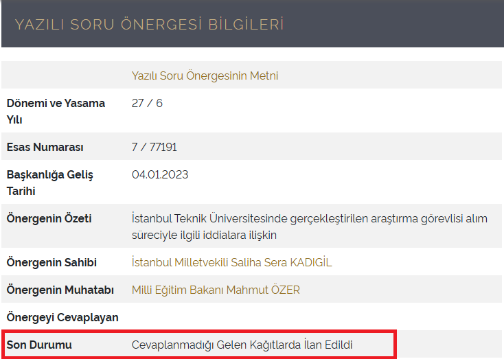Mustafa Şentop'un oğlu ve İTÜ olayıyla ilgili bir bilgi daha vereyim

Milletvekili Sera Kadıgil, haberlerimi soru önergesiyle Meclis gündemine taşımıştı. O dönem meclis başkanı Şentop

Önergeye cevap verildi mi? Hayır :)

Onun yerine haberleri sansürleyip benden şikayetçi oldular