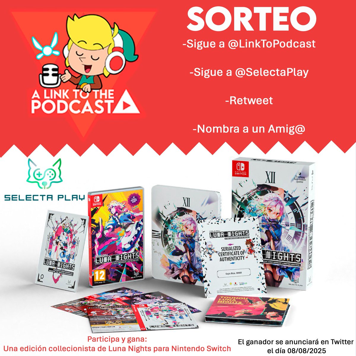 𝐀 𝐋𝐈𝐍𝐊 𝐓𝐎 𝐓𝐇𝐄 𝐏𝐎𝐃𝐂𝐀𝐒𝐓 (@linktopodcast) on Twitter photo 🎮🔥 ¡SORTEAMOS una EDICIÓN COLECCIONISTA de Touhou Luna Nights para Nintendo Switch!
¿Quieres ganar esta joya junto a ALTTP y Selecta Play?
💥 Haz esto YA:
🔄Dale RT a este post
✅ Sigue a <a href="/SelectaPlay/">Selecta Play</a> y <a href="/LinkToPodcast/">𝐀 𝐋𝐈𝐍𝐊 𝐓𝐎 𝐓𝐇𝐄 𝐏𝐎𝐃𝐂𝐀𝐒𝐓</a>
👩👧Menciona a un amigo
El ganador de anuncia este viernes. 🎮🔥 ¡SORTEAMOS una EDICIÓN COLECCIONISTA de Touhou Luna Nights para Nintendo Switch!
¿Quieres ganar esta joya junto a ALTTP y Selecta Play?
💥 Haz esto YA:
🔄Dale RT a este post
✅ Sigue a <a href="/SelectaPlay/">Selecta Play</a> y <a href="/LinkToPodcast/">𝐀 𝐋𝐈𝐍𝐊 𝐓𝐎 𝐓𝐇𝐄 𝐏𝐎𝐃𝐂𝐀𝐒𝐓</a>
👩👧Menciona a un amigo
El ganador de anuncia este viernes.