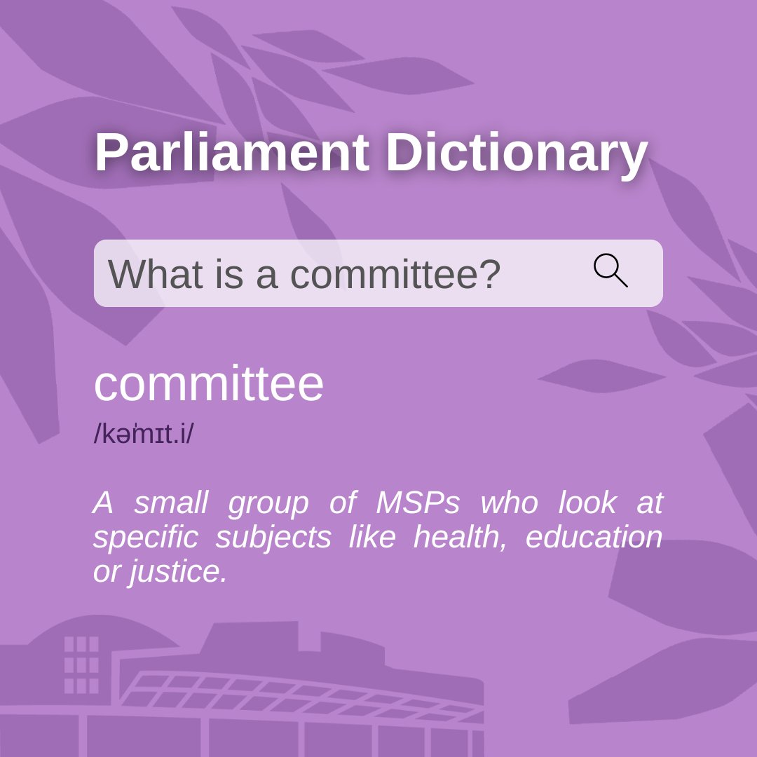 📖 For anyone who sees the word Committee and isn't quite sure what it means at the Scottish Parliament - here you go! 

🧠 Did you know that you can follow our committee accounts here on X to keep up-to-date with them? 

You can also look up any other parliamentary terms in our