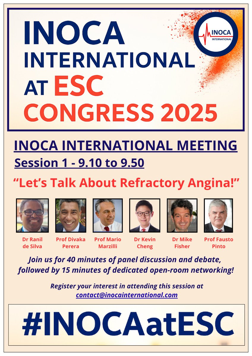 INOCA INTERNATIONAL (@inocainternati1) on Twitter photo ⭐️Session 1⭐️
A 40 minute expert panel discussion on refractory angina chaired by Dr Ranil de Silva, followed by a dedicated 15 min open room discussion time to ask questions, discuss cases and network! 😃
Register your interest in attending here -contact@inocainternational.com ⭐️Session 1⭐️
A 40 minute expert panel discussion on refractory angina chaired by Dr Ranil de Silva, followed by a dedicated 15 min open room discussion time to ask questions, discuss cases and network! 😃
Register your interest in attending here -contact@inocainternational.com