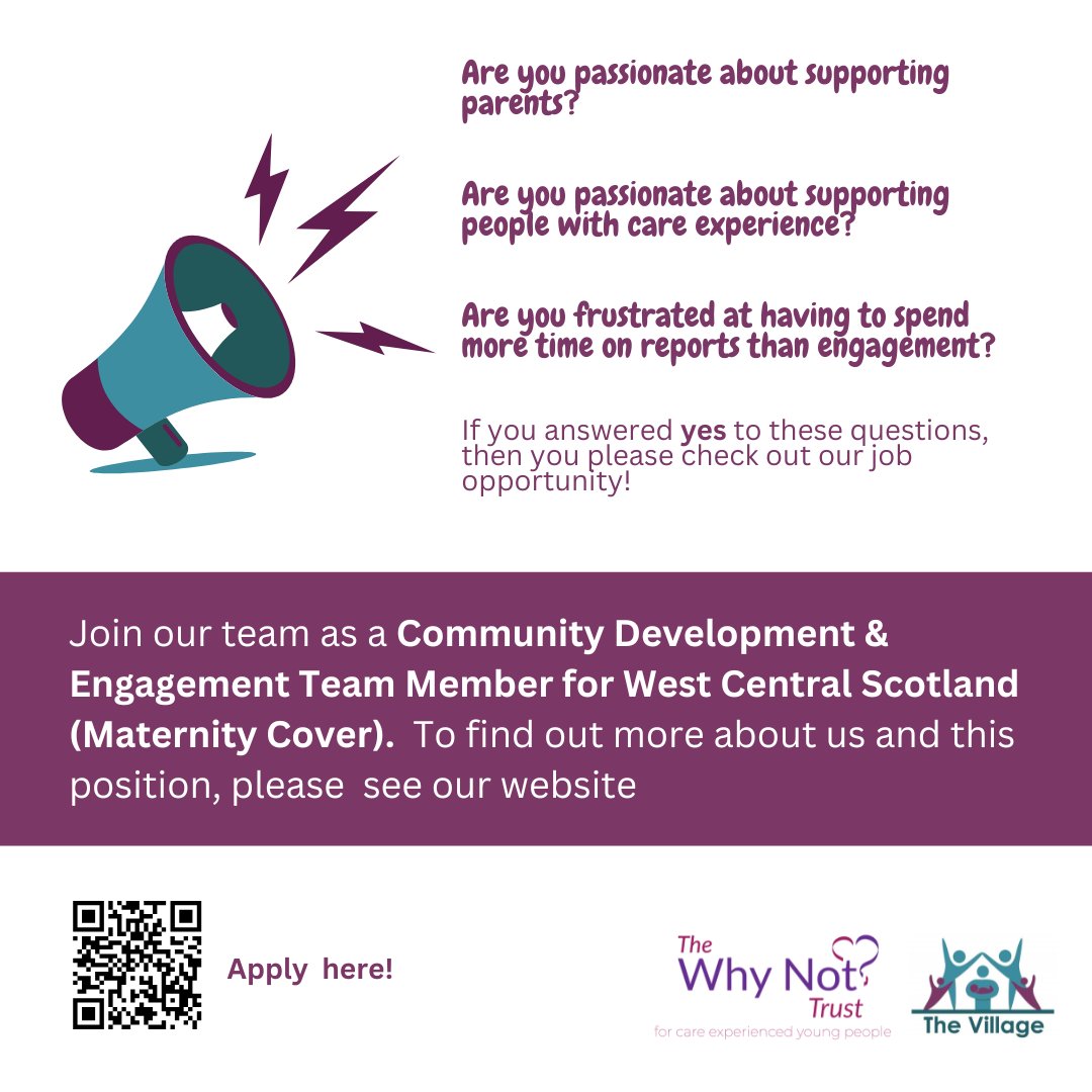 Job Alert!  We're hiring a Community Development &amp; Engagement Team Member (Maternity Cover) in West Central Scotland.

📍 Home-based + travel
📅 Apply by 22 Aug at 5pm
💰 £28.5K/year
🔗 forms.office.com/e/LsFvif7z6z
ℹ️ Info session: 14 Aug, 4PM
👉 whynottrust.org/about-us/vacan…
