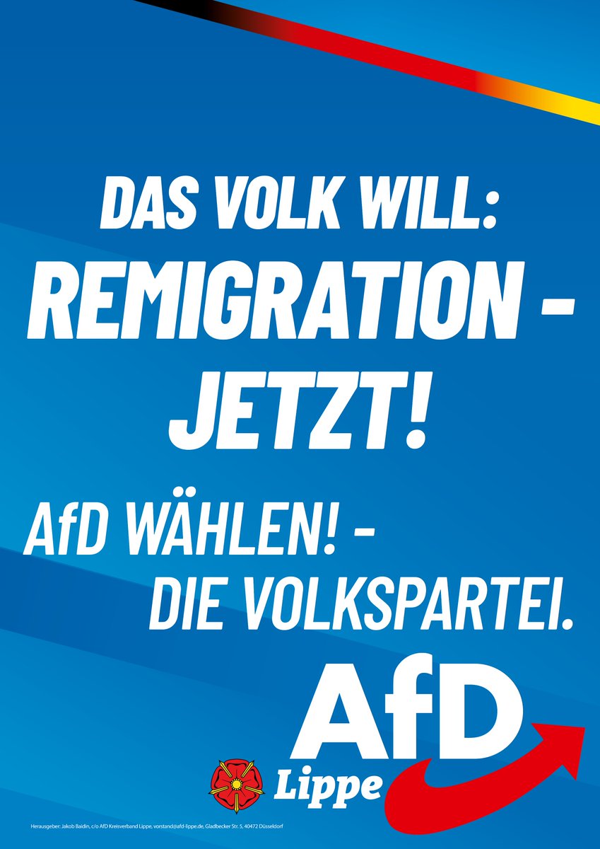 Das Volk will: #Remigration - jetzt!

Wir werben für die #Kommunalwahl in #Lippe (#NRW) am 14.09. unter anderem mit folgendem Plakat. Warum?

Durch Remigration werden zahlreiche kommunale Probleme gelöst:

- Remigration schafft Wohnraum
- Remigration schafft Sicherheit
-