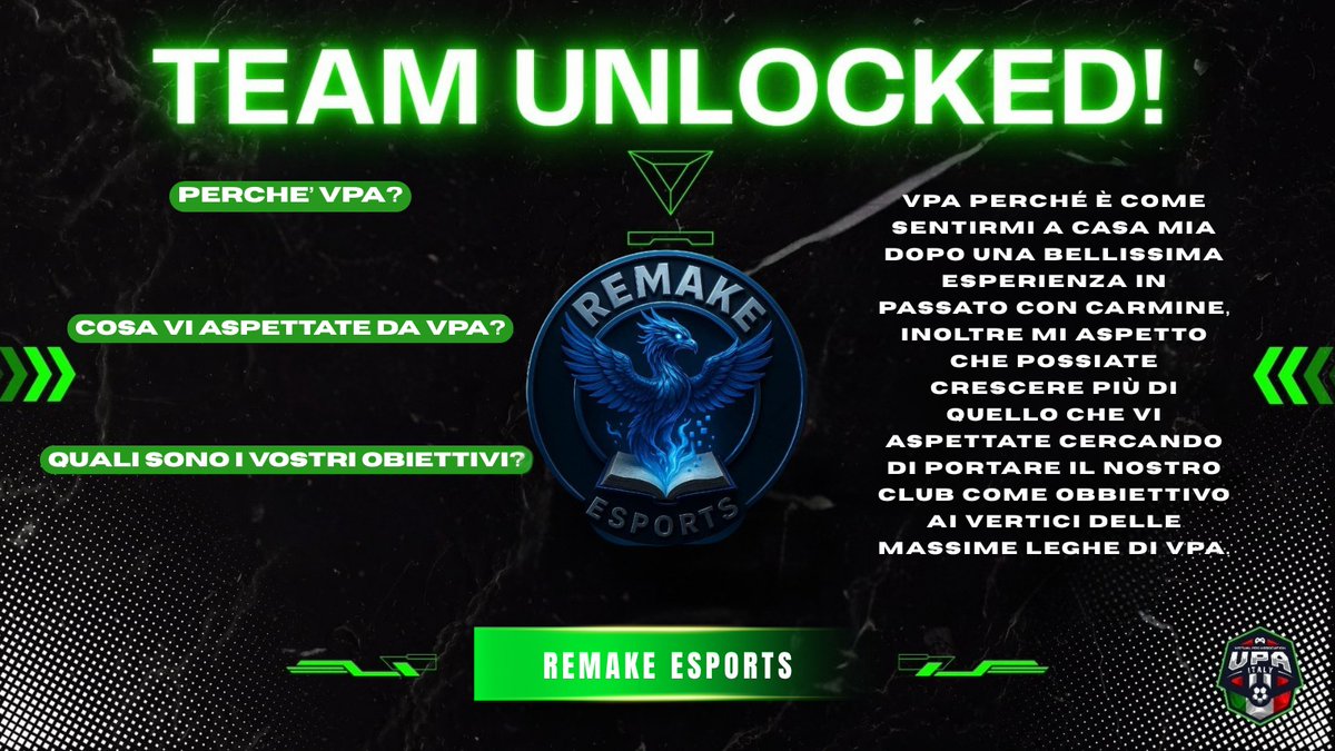 VPA Italy (@vpa_italy) on Twitter photo Il volo dei <a href="/RemakeEsports/">Remake eSports</a> sembra destinato a non fermarsi grazie alle magie di <a href="/Udybala021/">Udybala021</a> e compagni, manca poco e li rivedremo in campo nella Pre-Season di <a href="/VPA_Italy/">VPA Italy</a>.
Forza Ragazzi 🔥 Il volo dei <a href="/RemakeEsports/">Remake eSports</a> sembra destinato a non fermarsi grazie alle magie di <a href="/Udybala021/">Udybala021</a> e compagni, manca poco e li rivedremo in campo nella Pre-Season di <a href="/VPA_Italy/">VPA Italy</a>.
Forza Ragazzi 🔥