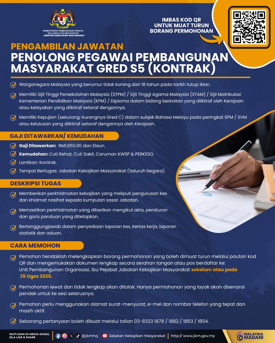 𝐉𝐚𝐰𝐚𝐭𝐚𝐧 𝐊𝐨𝐬𝐨𝐧𝐠 𝐉𝐚𝐛𝐚𝐭𝐚𝐧 𝐊𝐞𝐛𝐚𝐣𝐢𝐤𝐚𝐧 𝐌𝐚𝐬𝐲𝐚𝐫𝐚𝐤𝐚𝐭
Jawatan: Penolong Pegawai Pembangunan Masyarakat Gred S5 (Kontrak)